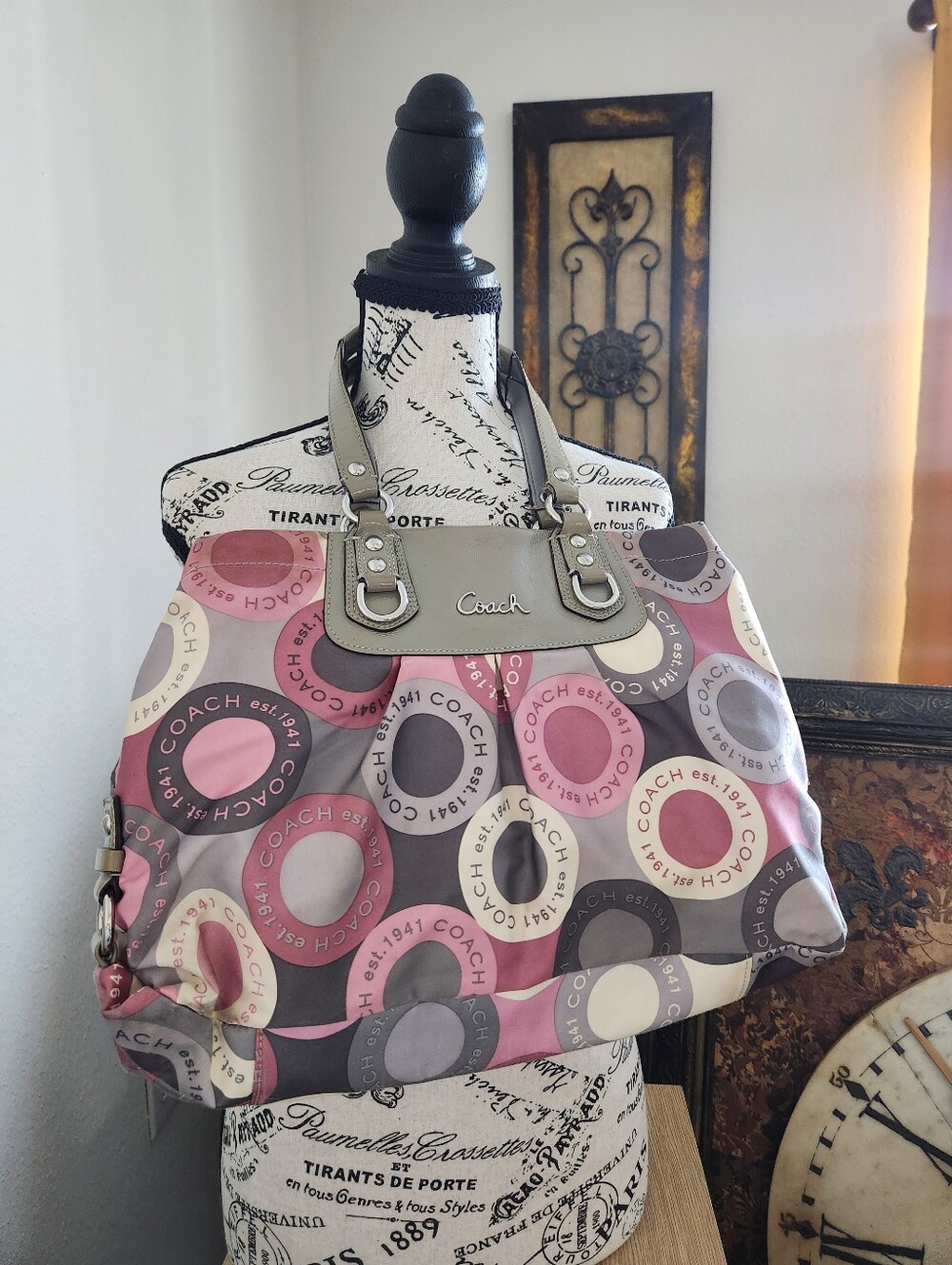 Coach Pink, Gray & Cream Circle-Print Shoulder Tote
